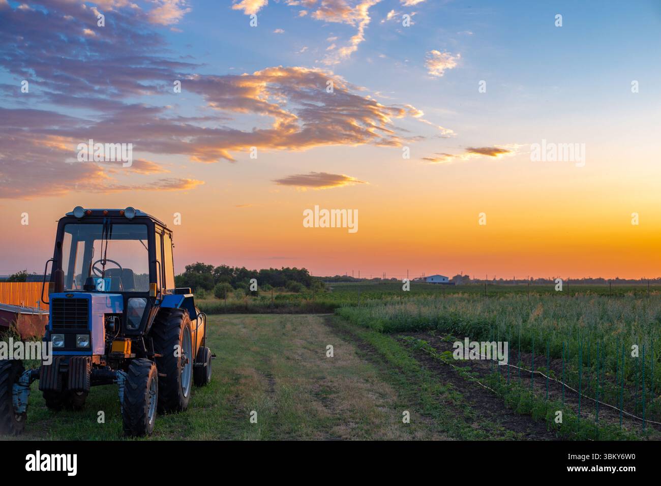 tracteur debout contre un champ de ferme illuminé par un coucher de soleil coloré. Banque D'Images