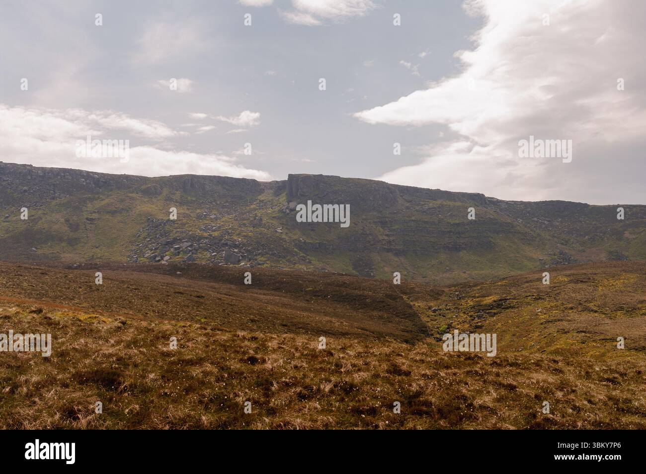 Une chaîne de montagnes avec un ciel nuageux en arrière-plan. Le ciel est principalement nuageux avec quelques taches de bleu. La chaîne de montagnes est couverte d'herbe et Banque D'Images