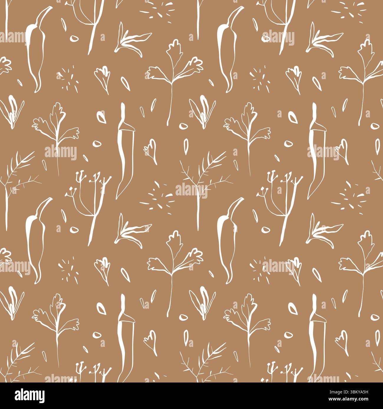 Motif d'épices sans couture avec des piments et des herbes sur fond brun chaud dans un style linéaire minimal dessiné à la main Illustration de Vecteur