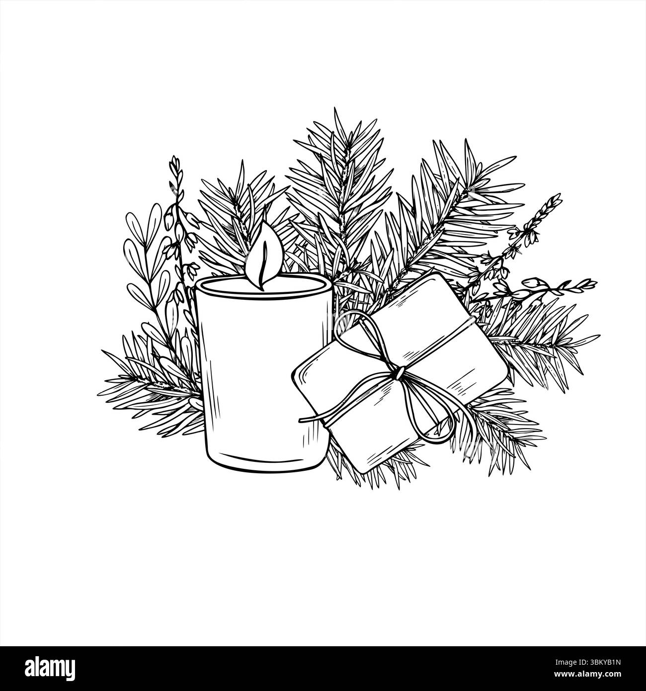 Bougie brûlante monochrome dans un bocal en verre, cadeau noué et composition vectorielle de branches de pin peinte par des encres noires. Illustration de Noël pour carte de vacances Illustration de Vecteur