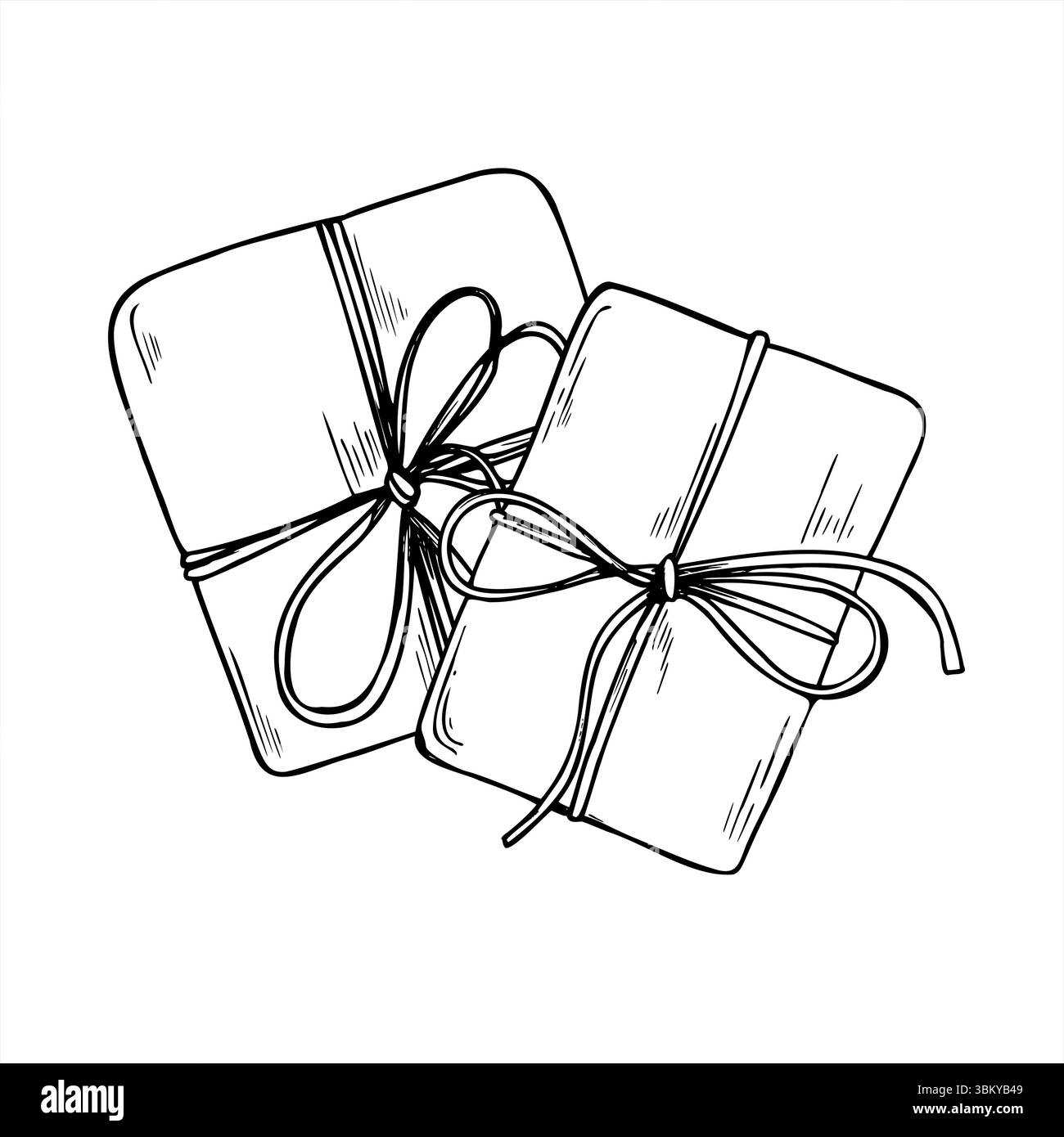 Illustration vectorielle de deux boîtes-cadeaux attachées avec de la ficelle, vue de dessus. Cadeaux de Noël ou d'anniversaire dans le dessin de gravure de papier pour l'image de marque de vacances Illustration de Vecteur