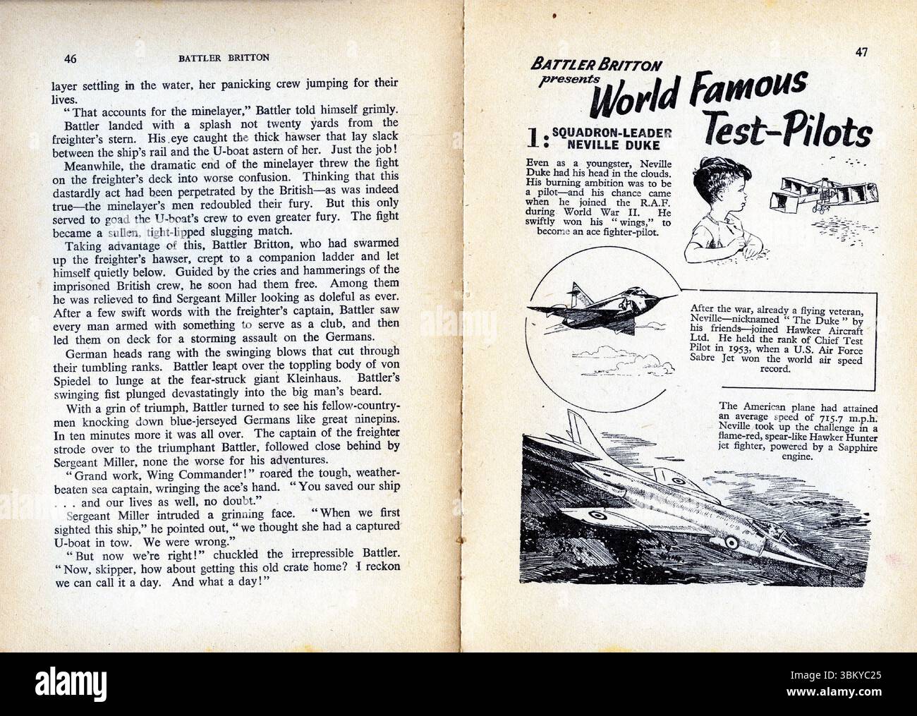 Double page de la bande dessinée Battler Britton, une série publiée pour la première fois en 1956, mettant en vedette le pilote Neville Duke Banque D'Images