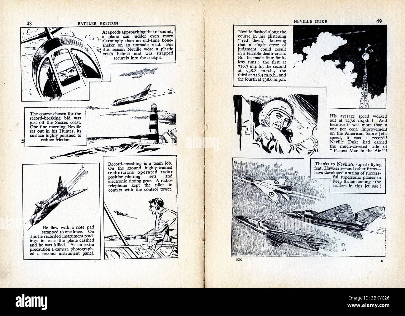 Double page de la bande dessinée Battler Britton, une série publiée pour la première fois en 1956, mettant en vedette le pilote Neville Duke Banque D'Images