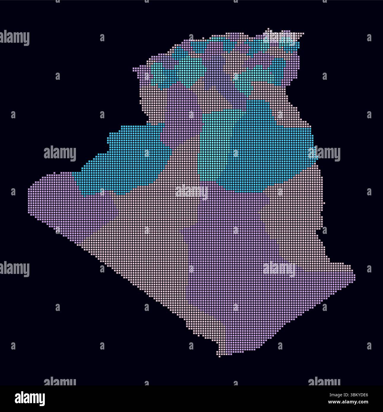 Carte en pointillés de l'Algérie. Carte de style numérique du pays sur un fond sombre. Forme algérienne avec des points carrés. Style de points colorés. Carrés de petite taille. Illustration de Vecteur