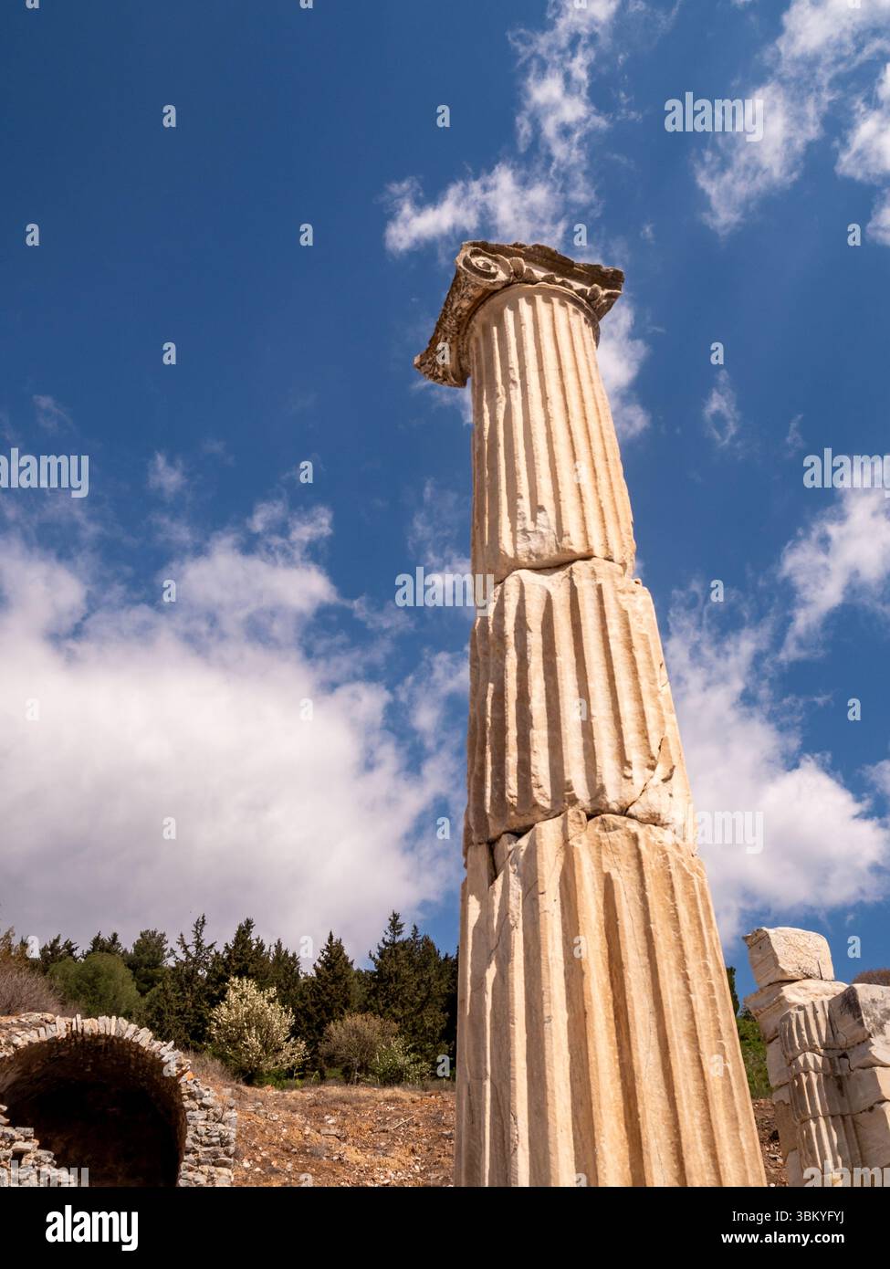 Une vue en bas angle d'une colonne cannelée avec un capital décoratif, probablement une partie d'une structure ancienne, placée contre un ciel bleu vif avec des nuages dispersés, mettant en valeur les détails architecturaux et l'importance historique du site. Banque D'Images Une vue en bas angle d'une colonne cannelée avec un capital décoratif, probablement une partie d'une structure ancienne, placée contre un ciel bleu vif avec des nuages dispersés, mettant en valeur les détails architecturaux et l'importance historique du site. Banque D'Images