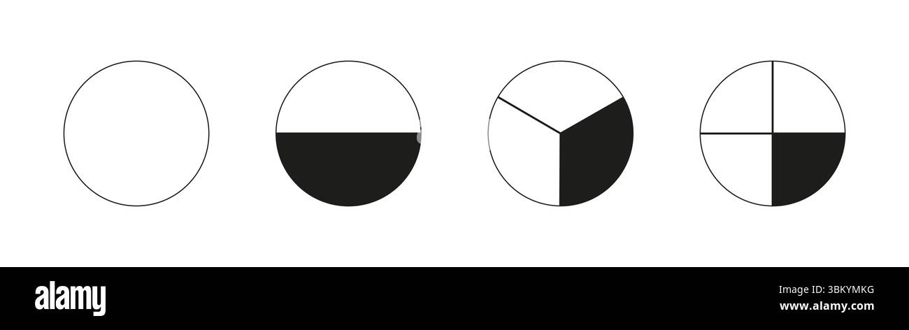 Arrondissez les diagrammes divisés avec de un à quatre segments. Cercle division sur de 1 à 4 parties égales. Exemples d'infographie. Encadrement vide. Contour Illustration de Vecteur