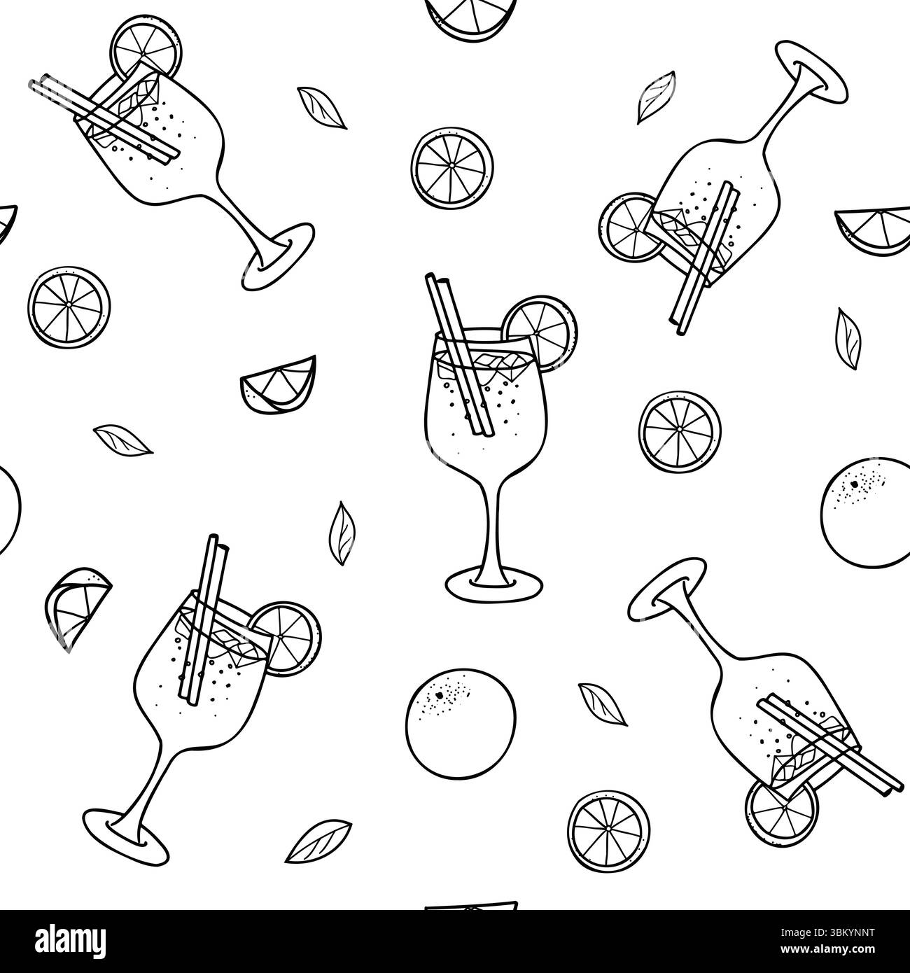 Aperol Spritz cocktails motif graphique sans couture. Illustration vectorielle dessinée à la main du verre à boire aperol avec des fruits orange et une tranche dans le style Doodle Illustration de Vecteur