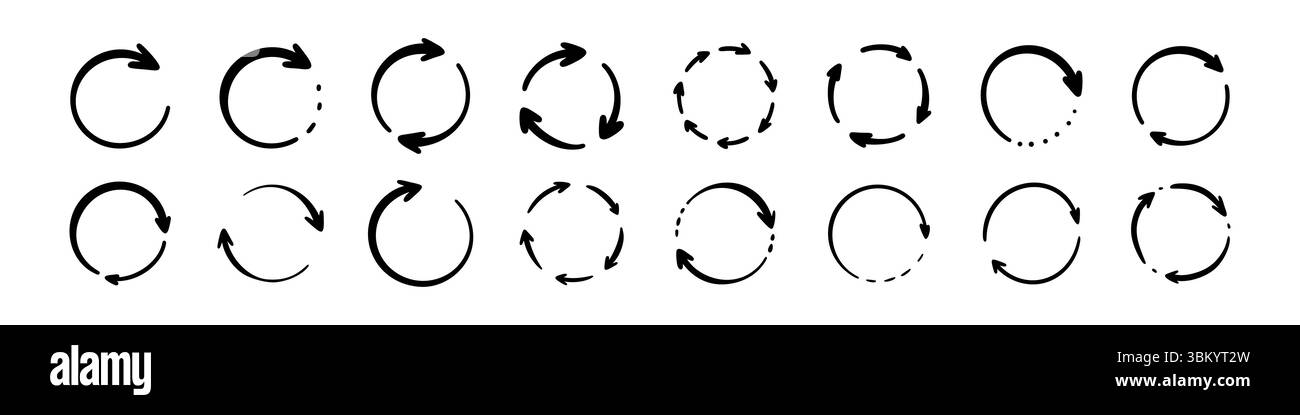Symbole de flèche de rotation d'esquisse dessinée à la main. Icône de griffonnage de cycle de répétition. Synchroniser, charger, télécharger, renouveler symbole. Illustration vectorielle de flèche tournante. CR Illustration de Vecteur