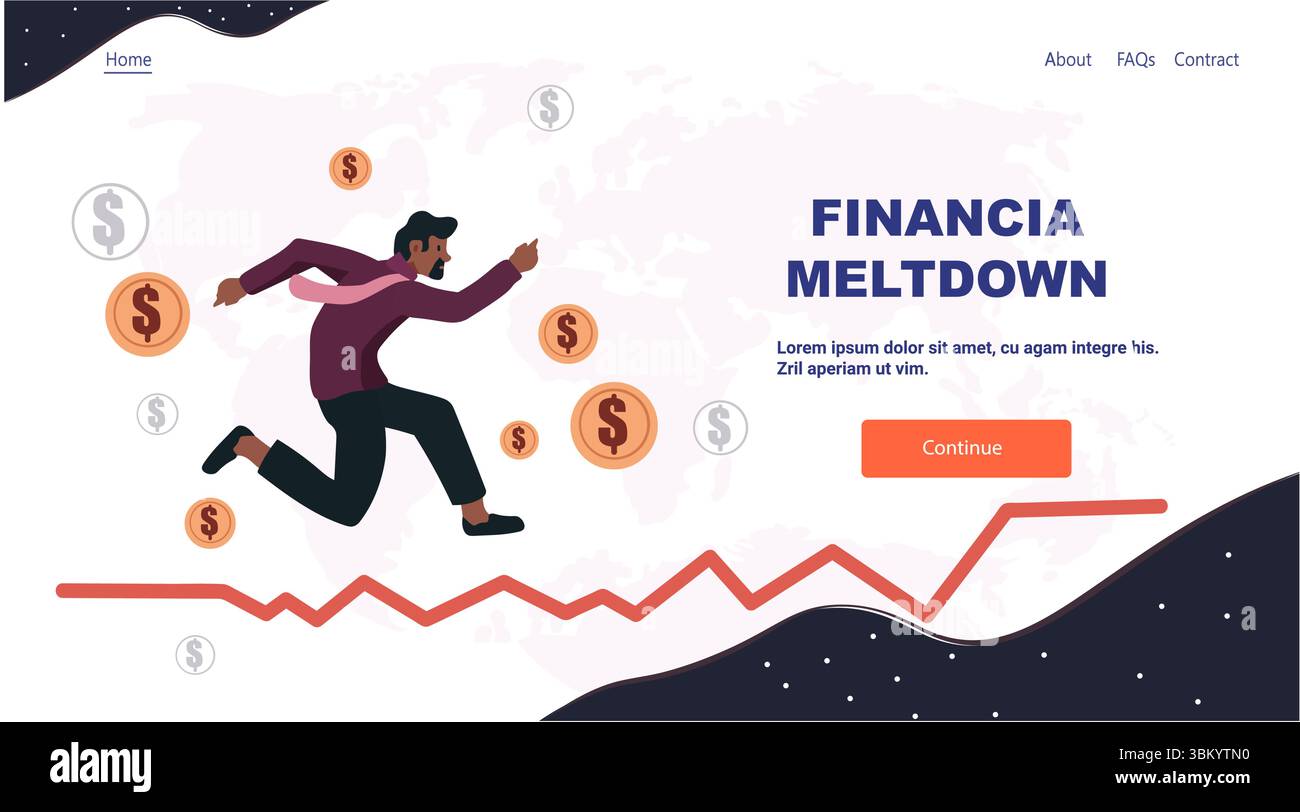 Crise financière récession homme d'affaires courir de pièces de monnaie tombantes déclinant graphique carte du monde de fond bannière de site Web Illustration de Vecteur