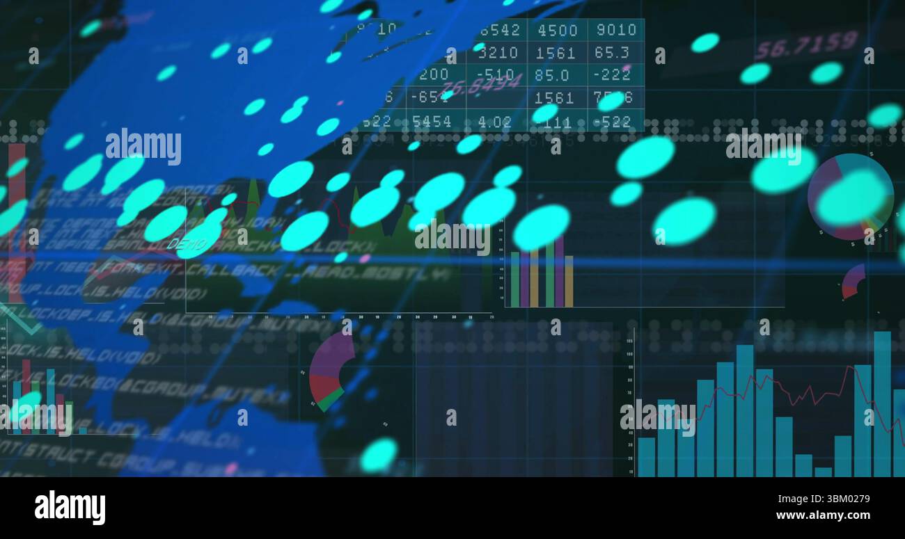 Affichage des points de données turquoise sur l'interface sombre, montrant le code, les tableaux, les graphiques, la carte du monde Banque D'Images
