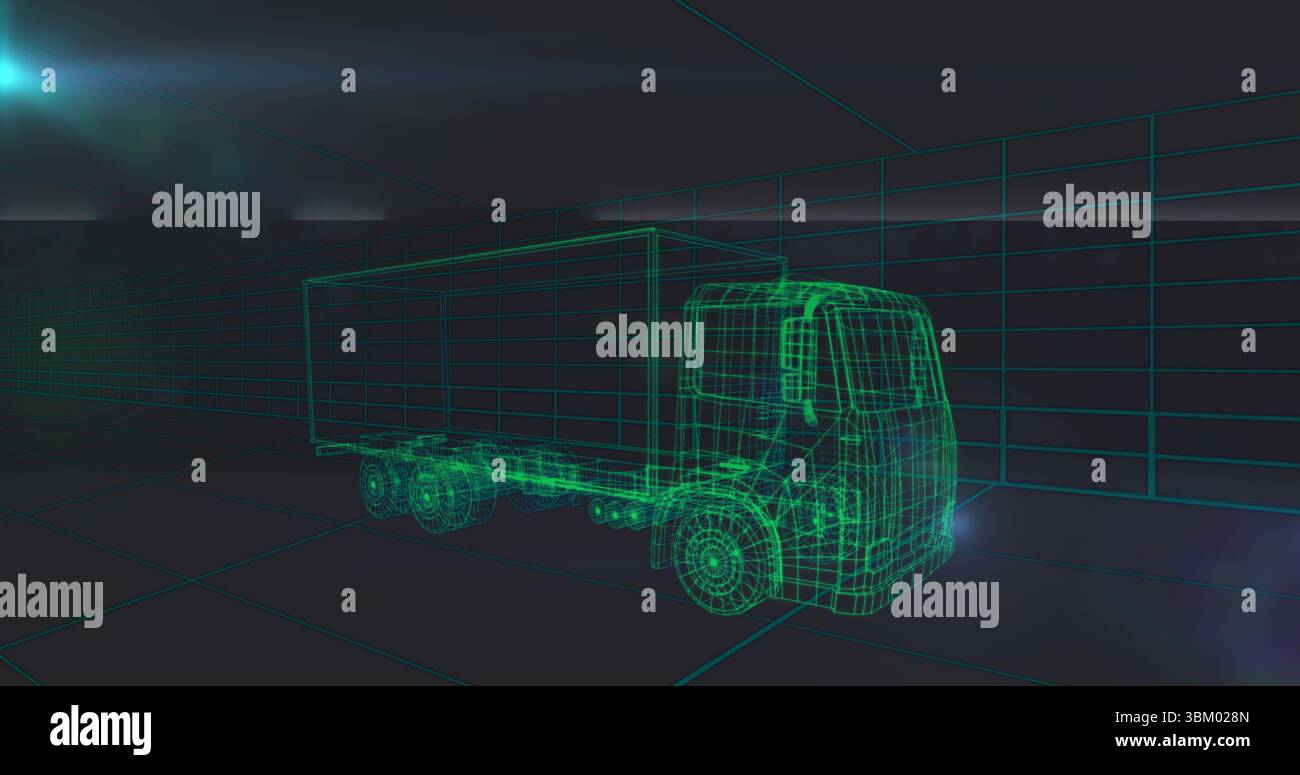 Affichage d'un modèle de semi-camion 3D filaire vert dans un environnement de grille turquoise virtuelle sombre, lumière parasite Banque D'Images