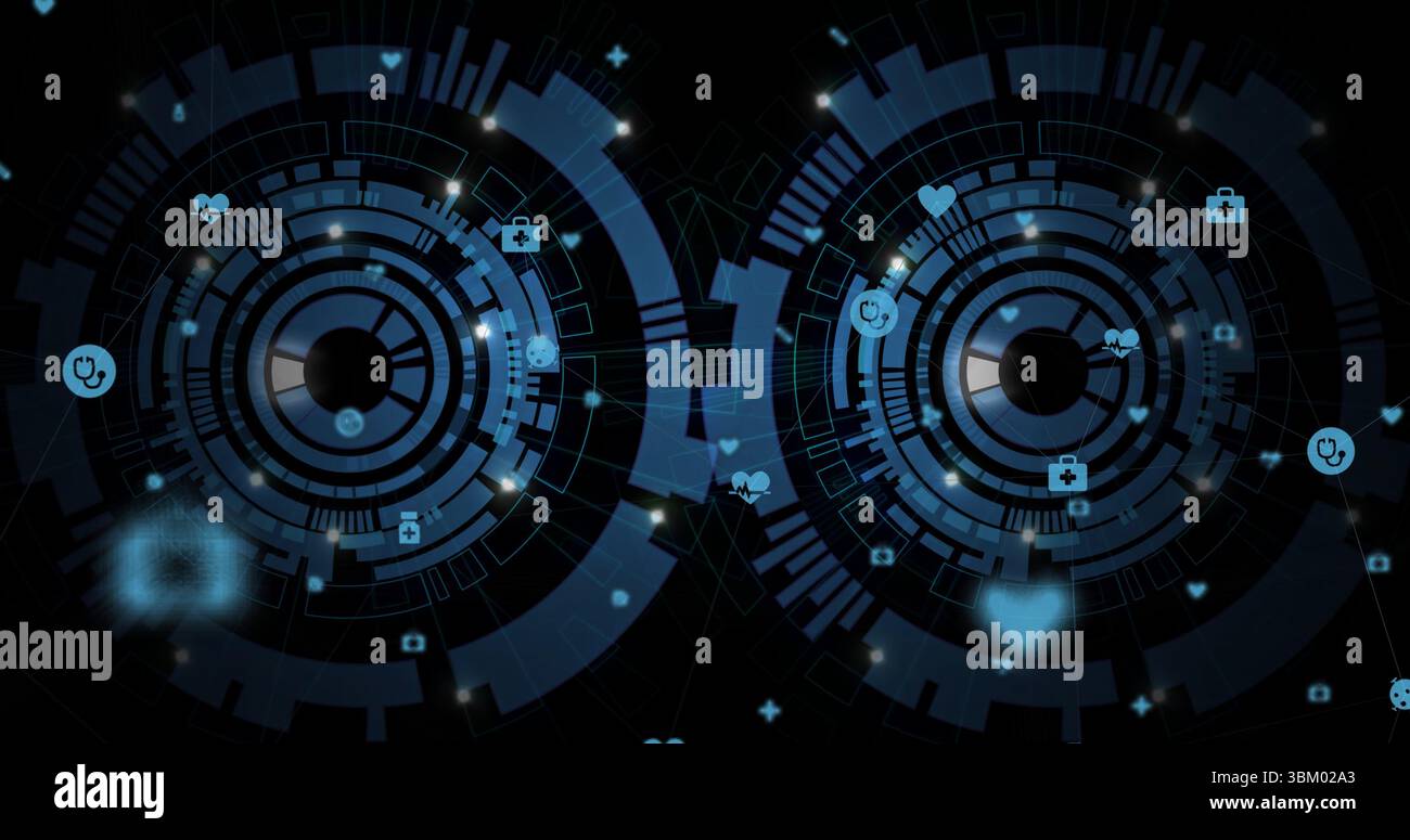Affichage de deux panneaux HUD circulaires holographiques flottants dans une interface virtuelle, avec des icônes médicales Banque D'Images