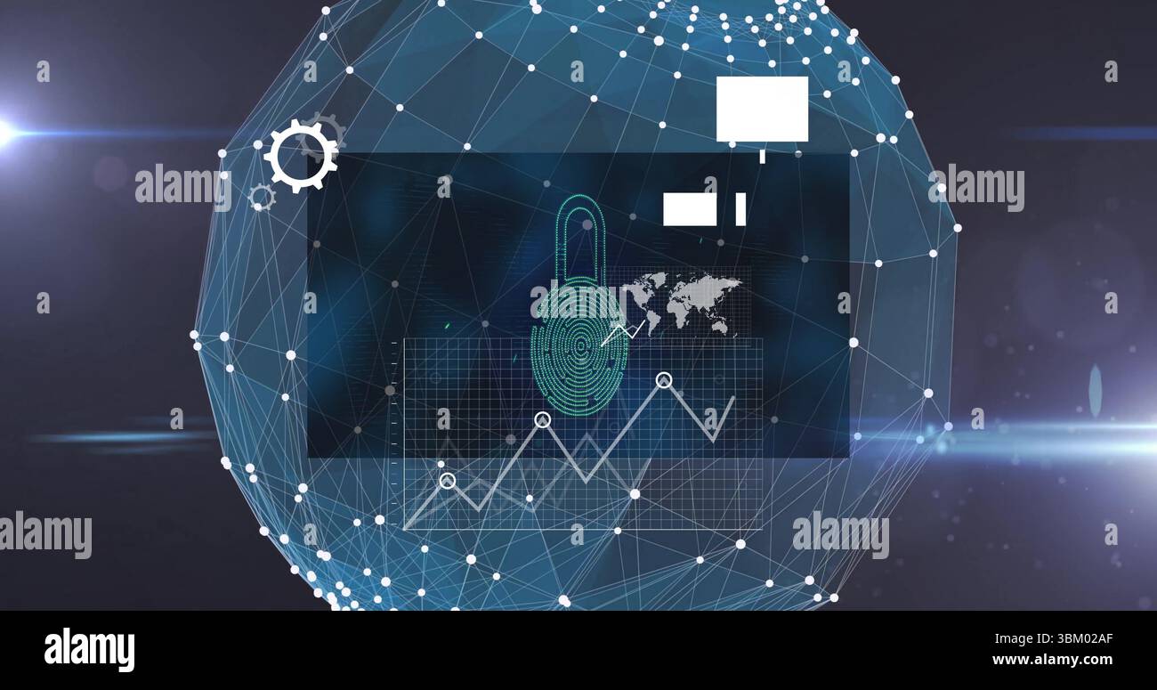 Affichage de l'icône de cadenas d'empreinte digitale sur la sphère filaire dans le cyberespace avec grille de données et graphique linéaire Banque D'Images