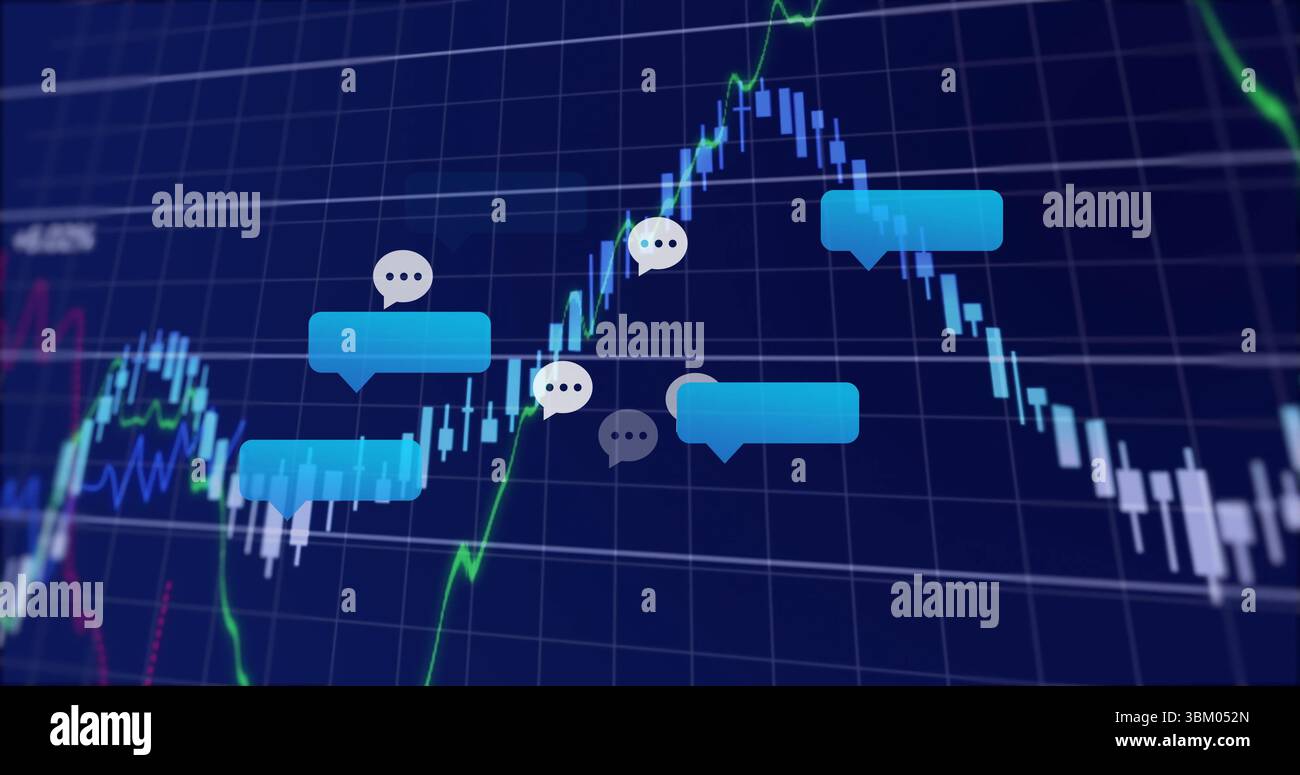 Affichage de bulles de parole cyan avec des points de suspension dans la grille de trading montrant des chandeliers, des graphiques de lignes de néon Banque D'Images