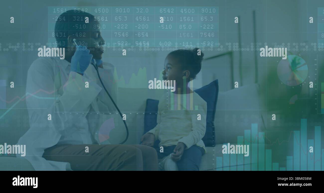 Docteur en manteau blanc vérifiant son propre pouls avec stéthoscope pour fille en clinique, avec des superpositions numériques Banque D'Images