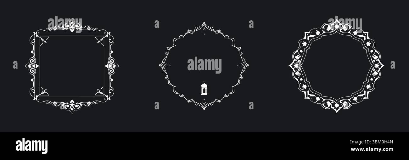Cette image présente un ensemble de trois cadres distincts inspirés de l'islam. Chaque cadre se caractérise par des motifs complexes de style arabesque. Illustration de Vecteur