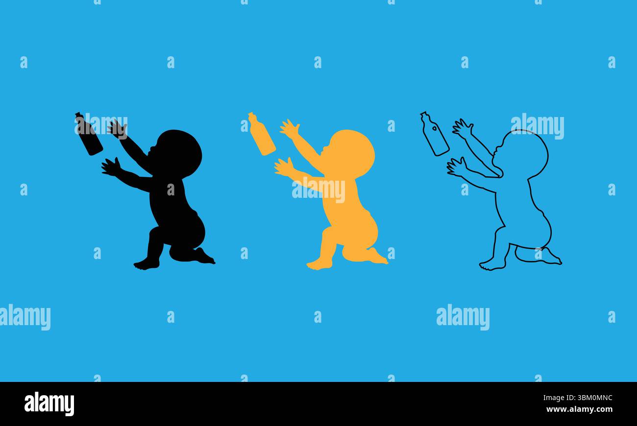 Ensemble de trois silhouettes de bébé stylisées atteignant des bouteilles sur fond bleu Illustration de Vecteur