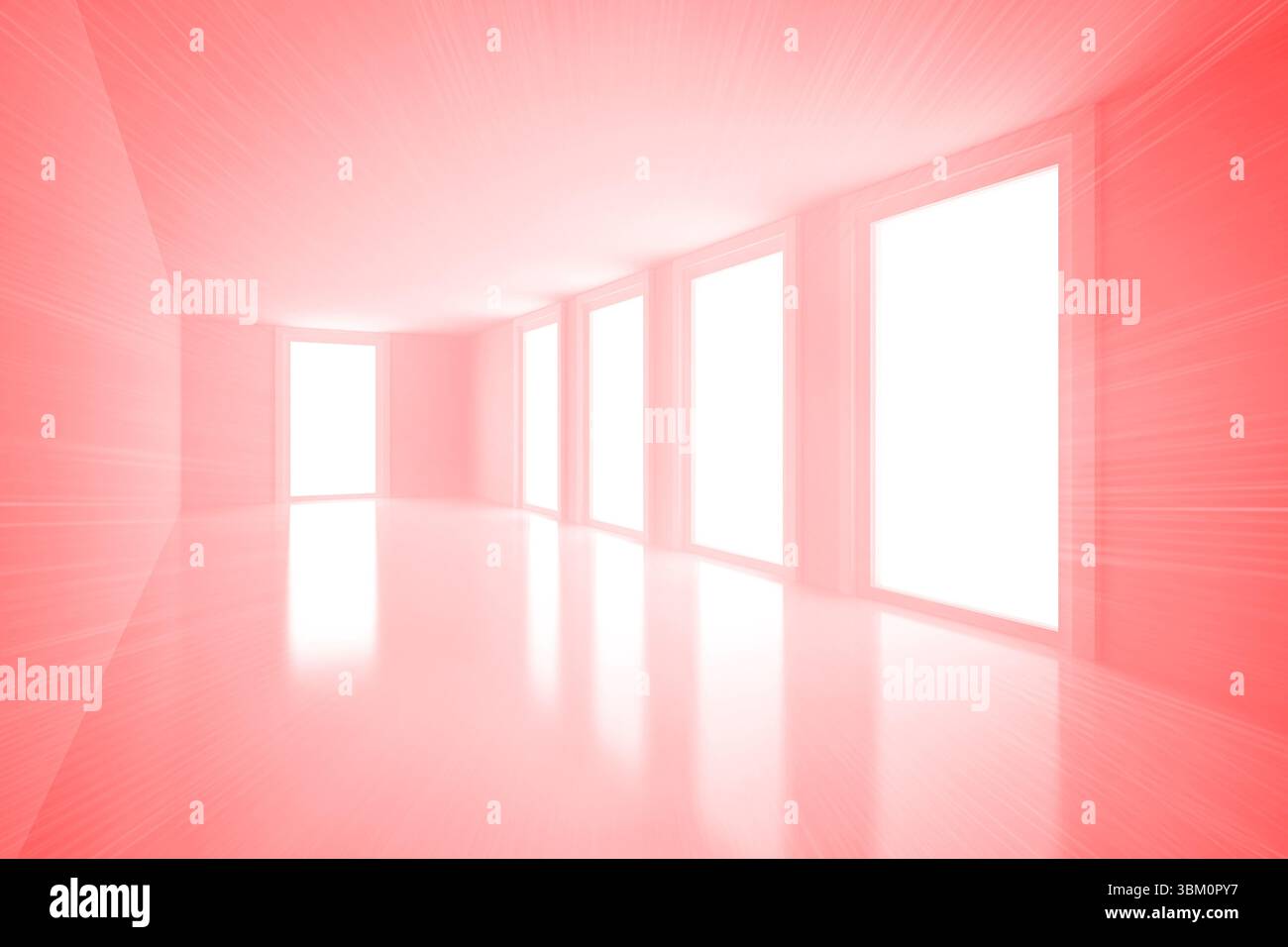 Le couloir de conception plate inonde le sol réfléchissant avec une lueur rose à travers cinq grandes fenêtres Banque D'Images