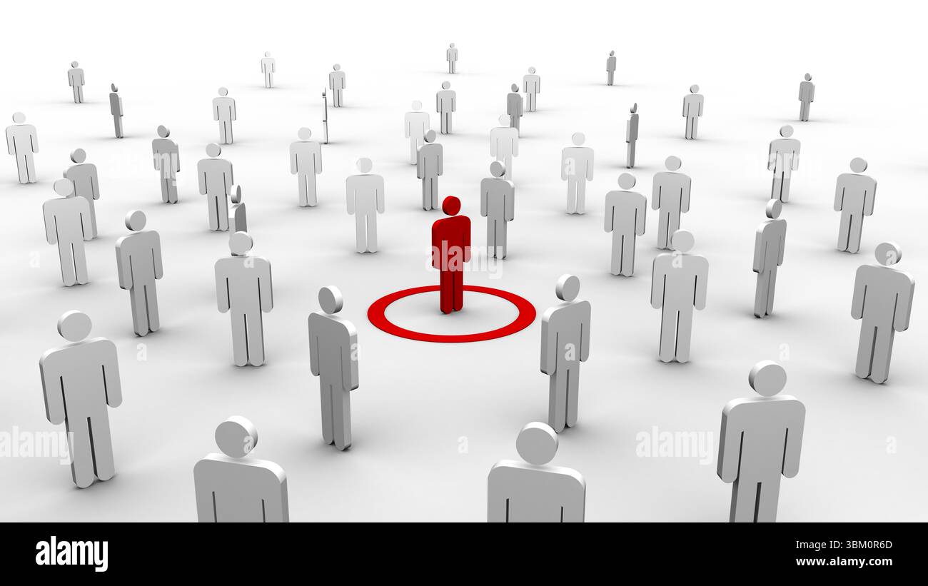 Silhouette rouge se tient debout sur une cible rouge en illustration 3D, entourée d'avatars gris et blancs Banque D'Images