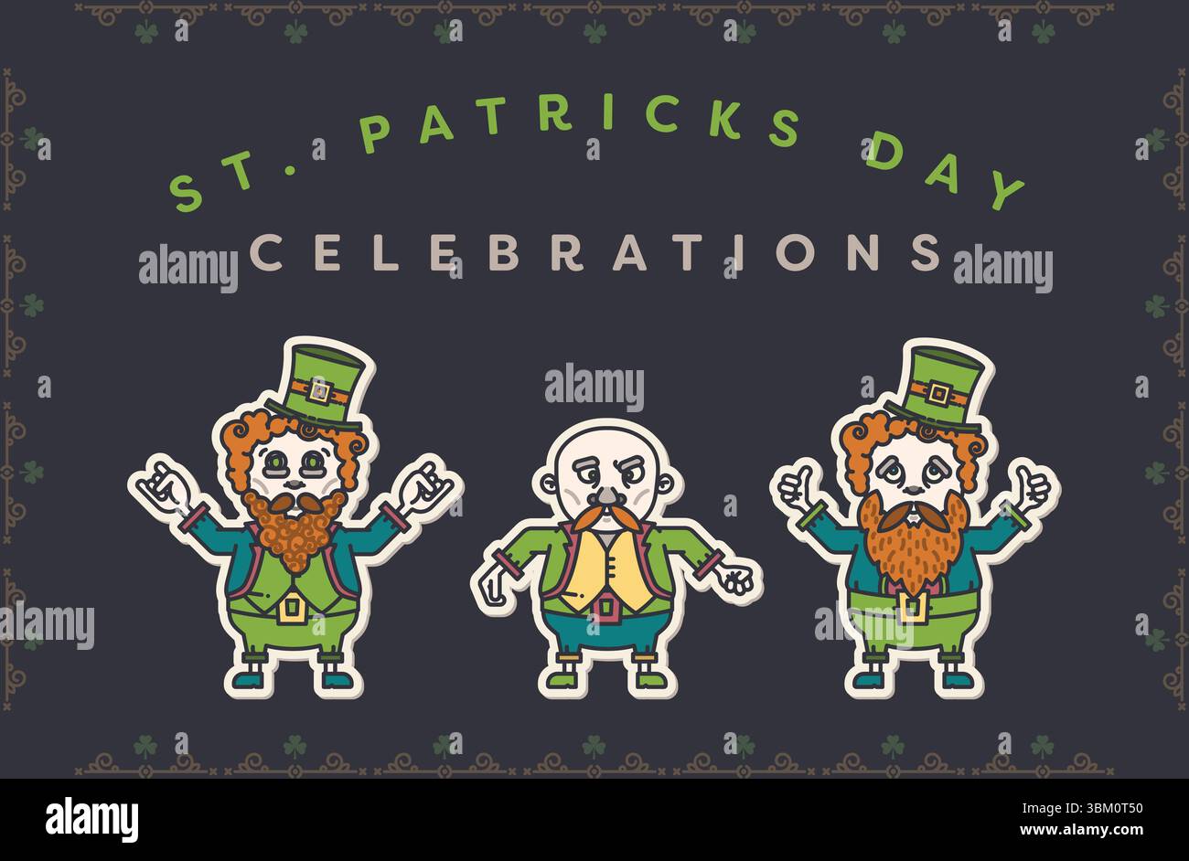 Image du texte des célébrations de la St patrick avec des leprechauns sur fond noir Banque D'Images