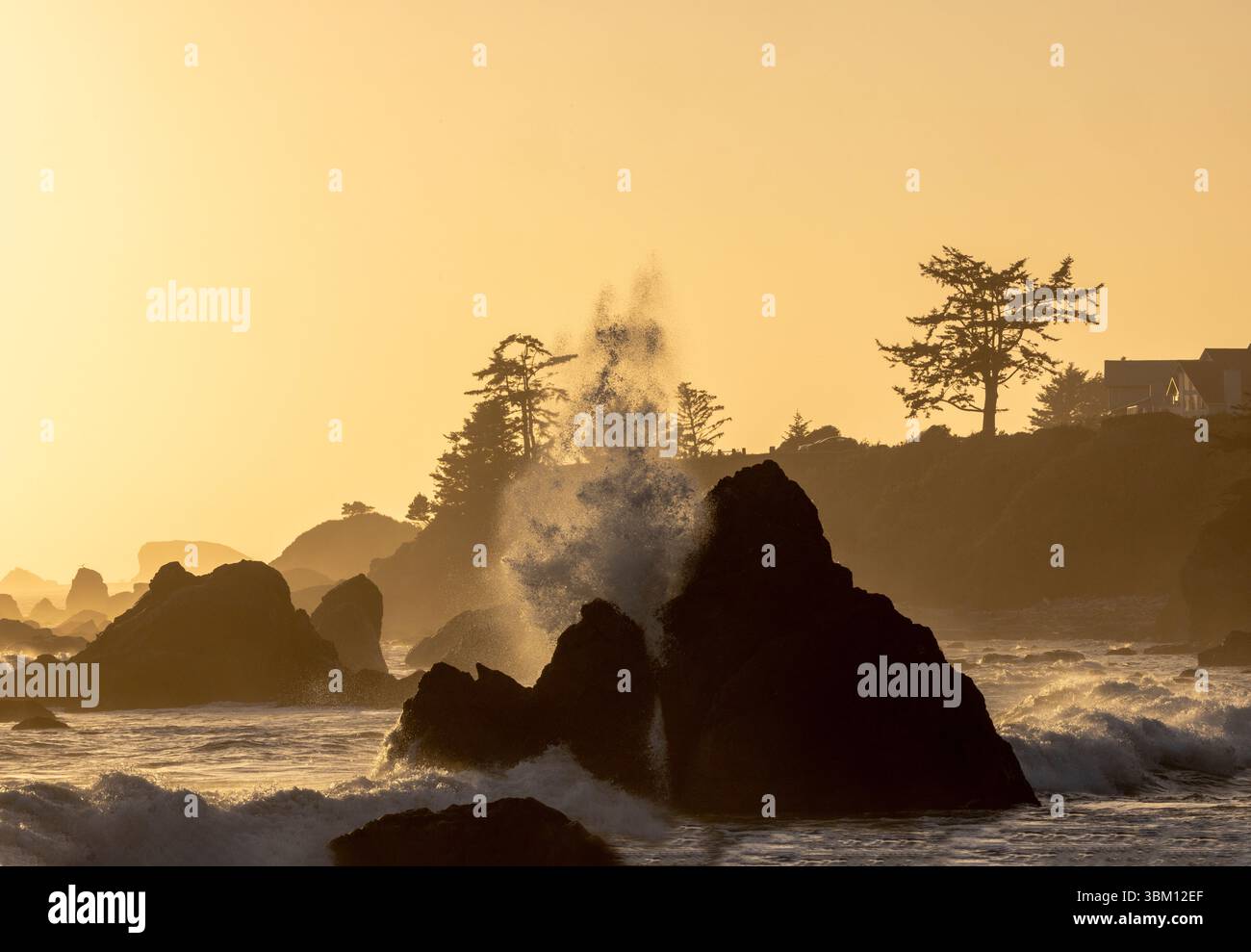 États-Unis, Californie, Crescent City. Seastack le long de la côte au coucher du soleil Banque D'Images