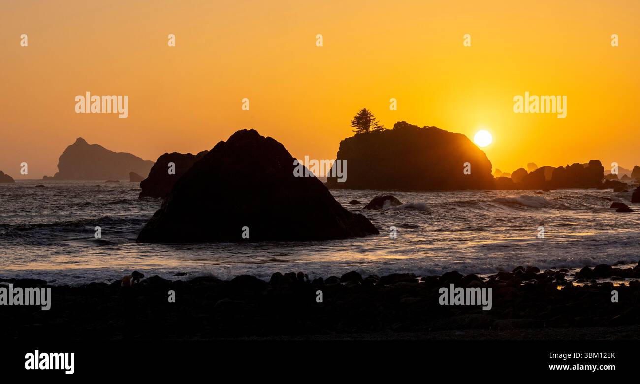 États-Unis, Californie, Crescent City. Seastack le long de la côte au coucher du soleil Banque D'Images