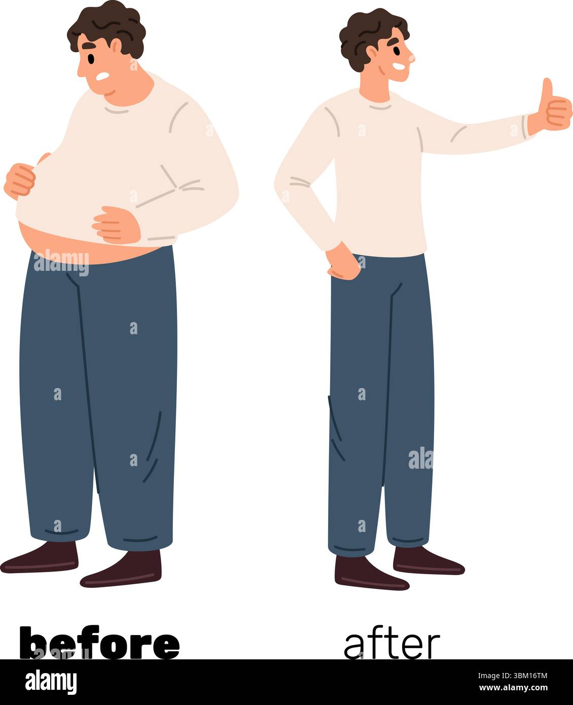 Homme gras et mince. Avant et après la perte de poids. Alimentation et nutrition adéquate. Calories des aliments rapides. Gars en surpoids. Personne minceur. Mâle élancé ou obèse. Illustration de Vecteur