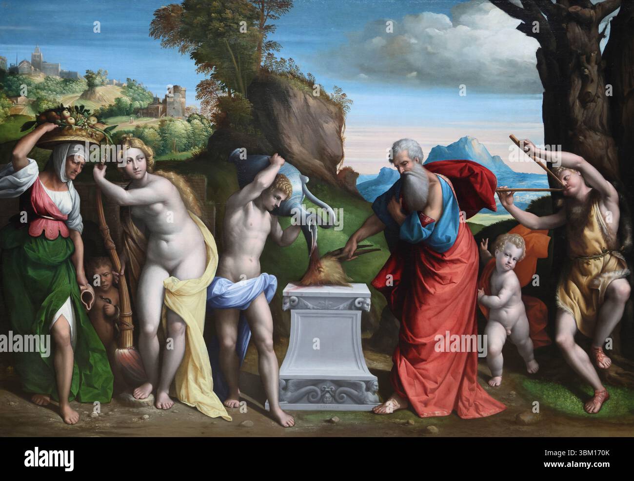 Un sacrifice païen du peintre italien de la Renaissance Benvenuto Tisi à la National Gallery, Londres, Royaume-Uni Banque D'Images