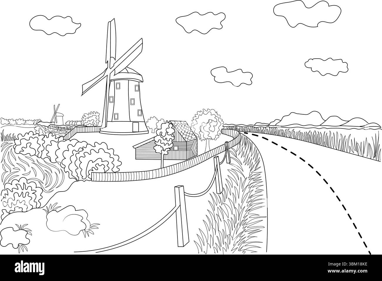 Un charmant dessin au trait noir et blanc mettant en valeur un paysage rural paisible. L'image montre un moulin à vent traditionnel avec des voiles proéminentes, un petit Illustration de Vecteur