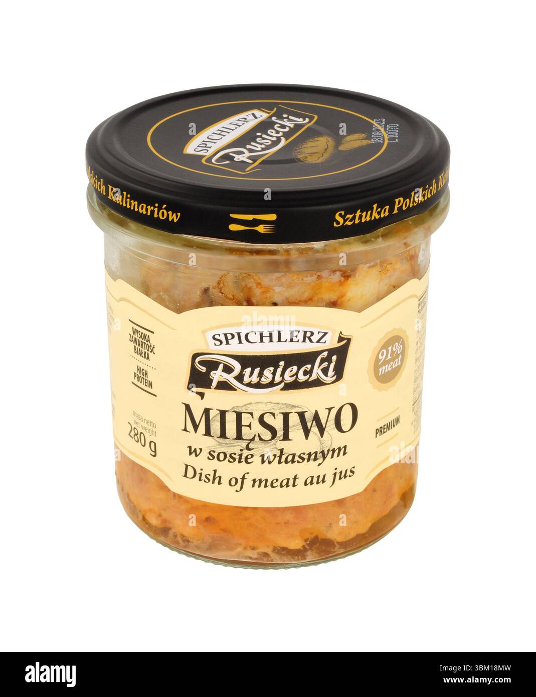 Spichlerz Rusiecki Miesiwo viande de porc marinée polonaise préparée selon une recette traditionnelle contenue dans un pot de 280g. Banque D'Images