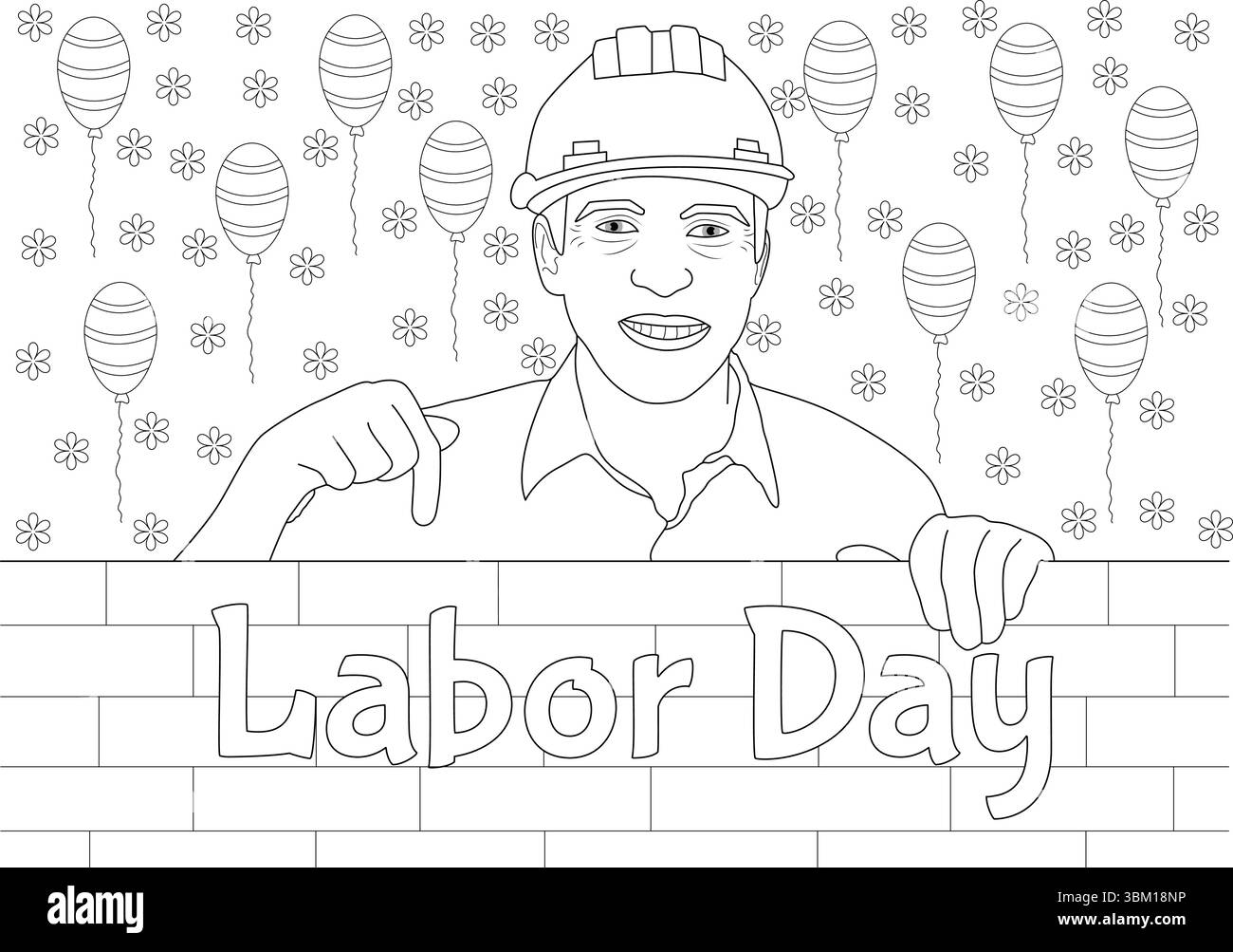 Illustration d'art au trait noir et blanc adapté pour une page à colorier célébrant la fête du travail. L'image représente un travailleur de la construction souriant portant un ha Illustration de Vecteur