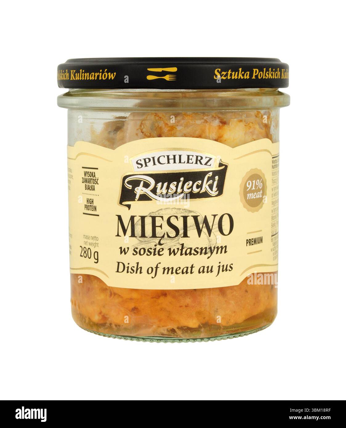 Spichlerz Rusiecki Miesiwo viande de porc marinée polonaise préparée selon une recette traditionnelle contenue dans un pot de 280g. Banque D'Images