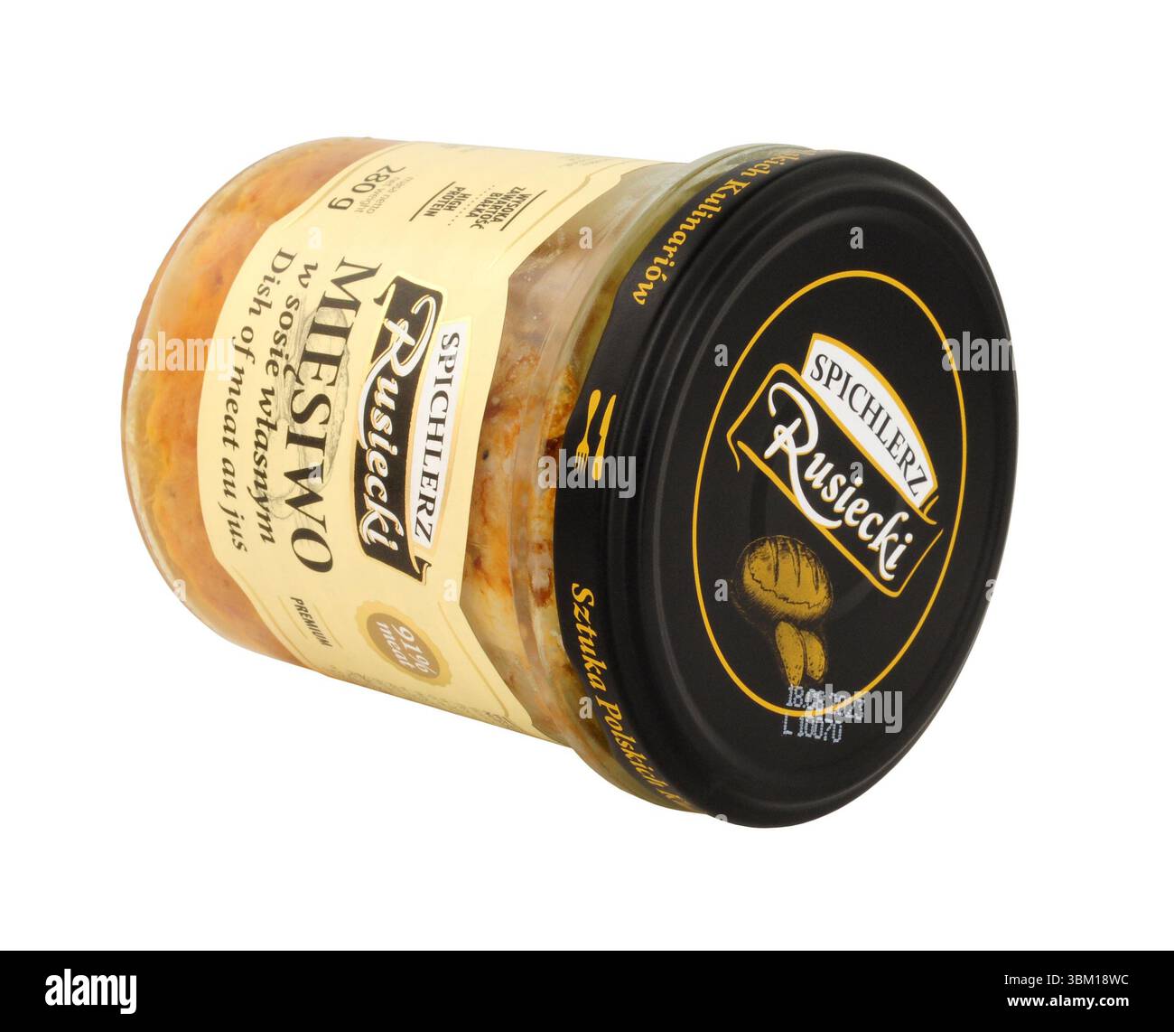Spichlerz Rusiecki Miesiwo viande de porc marinée polonaise préparée selon une recette traditionnelle contenue dans un pot de 280g. Banque D'Images