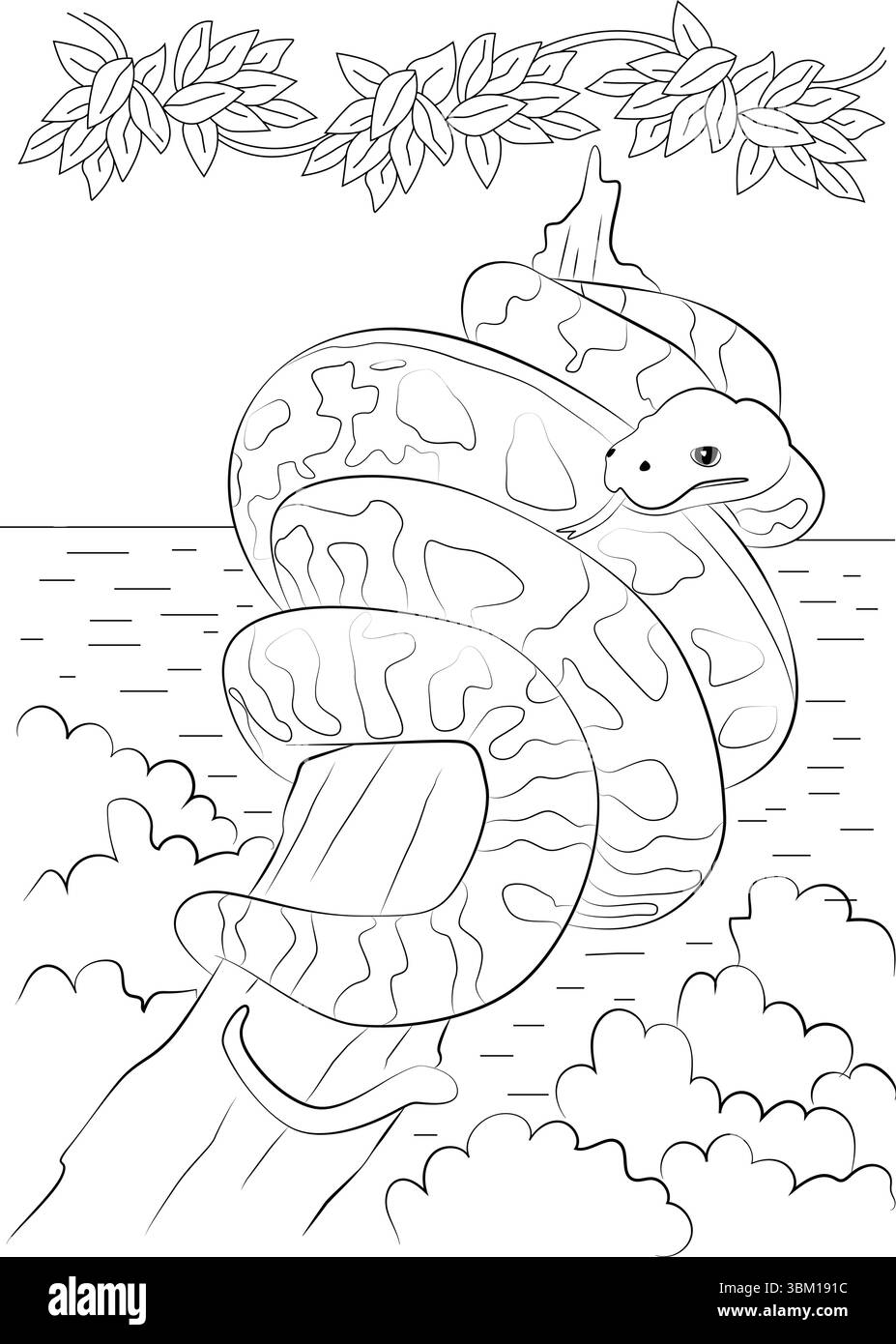 Illustration simple au trait noir et blanc représentant un serpent enroulé autour d'une branche d'arbre. Le serpent est représenté dans une pose détendue ou « paresseuse » ci-dessus Illustration de Vecteur