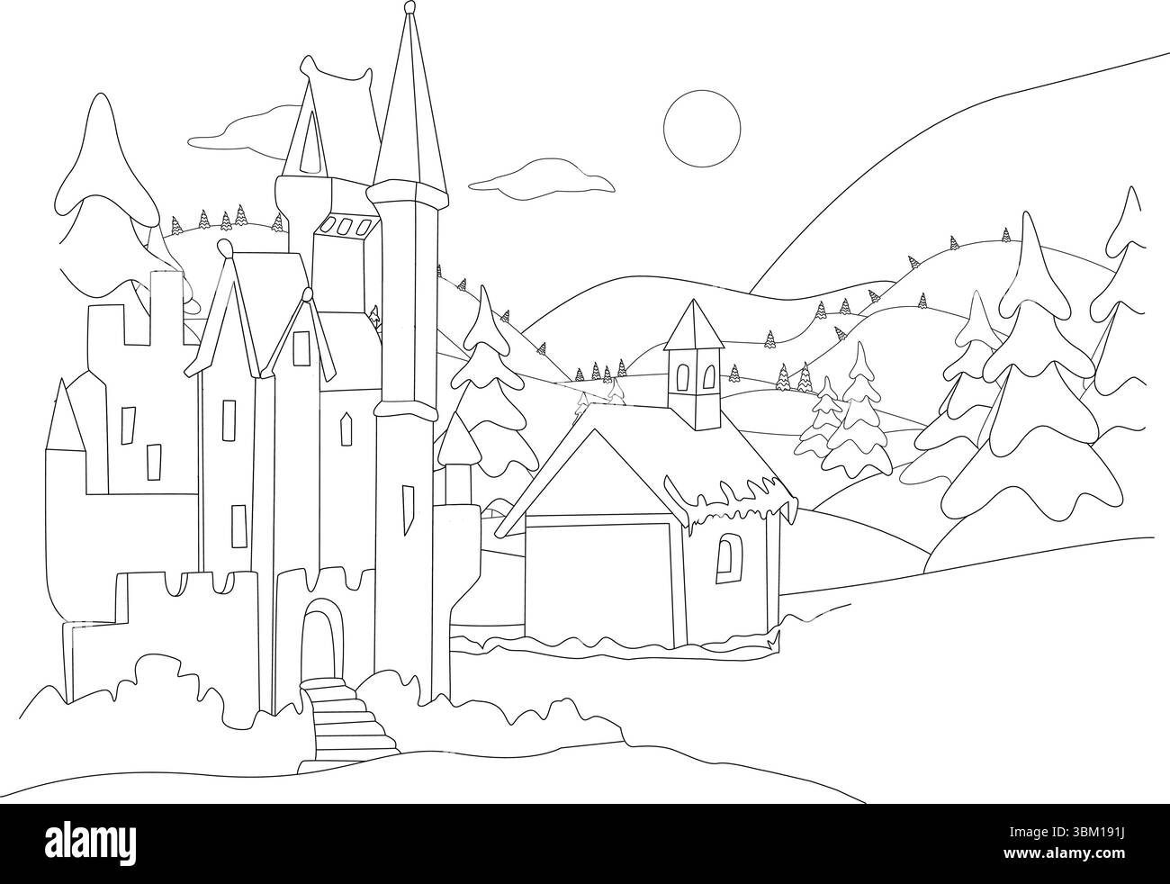 Cette illustration au trait noir et blanc capture un charmant paysage hivernal avec un grand château fantastique et une petite maison enneigée. Le Illustration de Vecteur