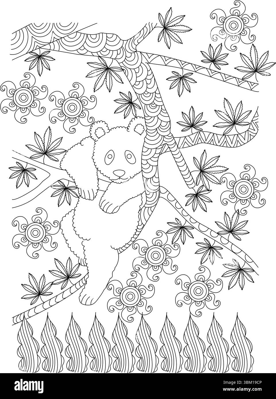 Illustration détaillée d'art au trait noir et blanc représentant un ours paresseux panda confortablement perché et reposant sur une branche d'arbre à motifs. L'arrière-plan Illustration de Vecteur