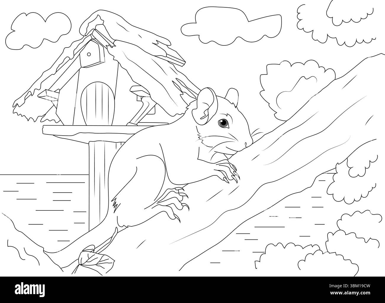 Dessin au trait noir et blanc représentant un charmant petit animal, peut-être un topinambouk ou un écureuil, perché sur une branche d'arbre. En arrière-plan, un bi Illustration de Vecteur