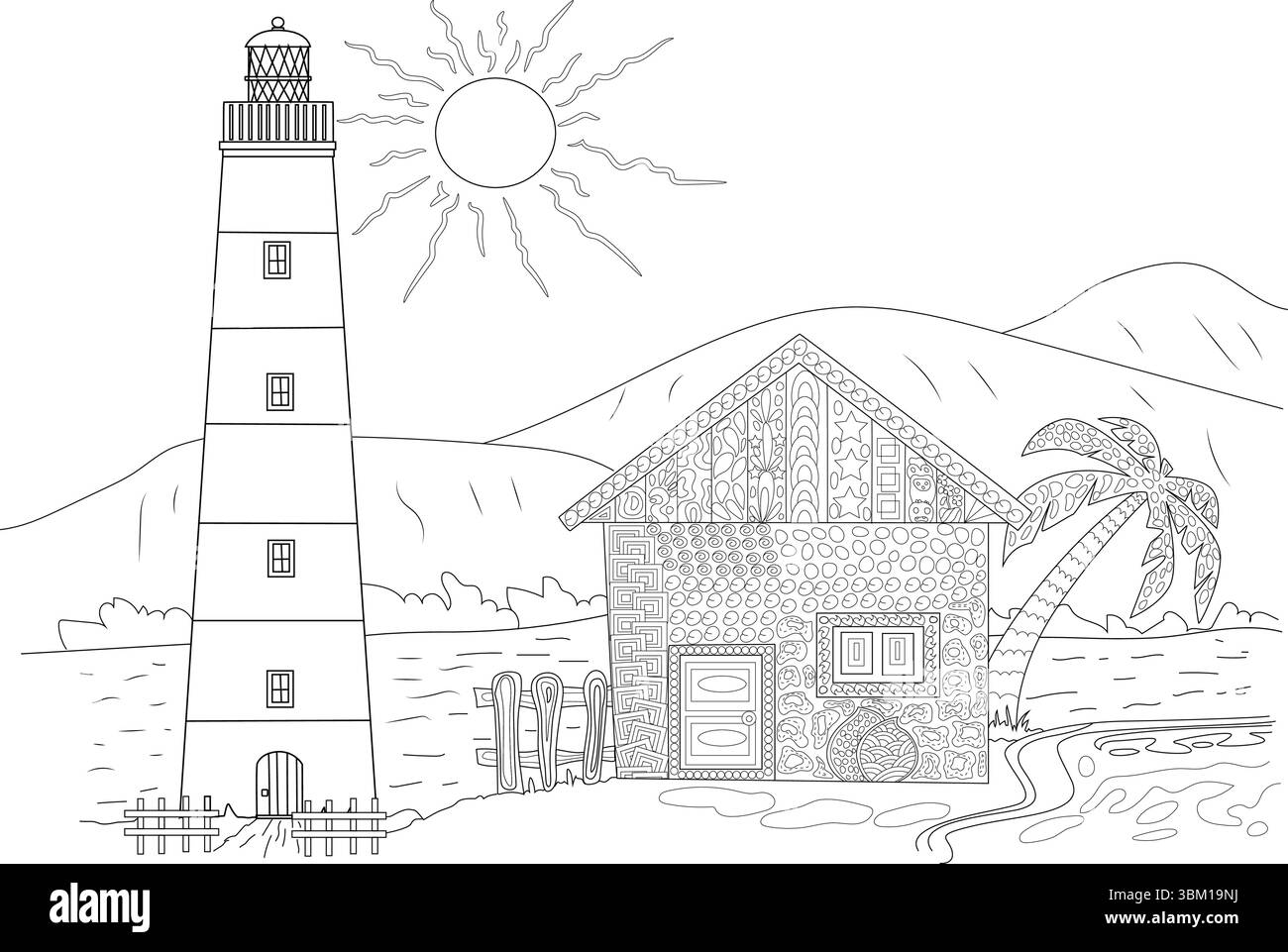 Illustration de contour noir et blanc d'un paysage côtier pittoresque avec un grand phare, une petite maison ornée de motifs complexes, un Illustration de Vecteur