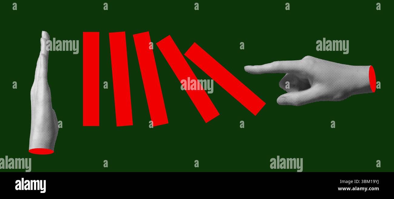 Geste de la main bloquant la chute des dominos. Concept abstrait d'intervention, de défense, de prévention, de contrôle et de sauvetage. Métaphore visuelle de la gestion des menaces Banque D'Images