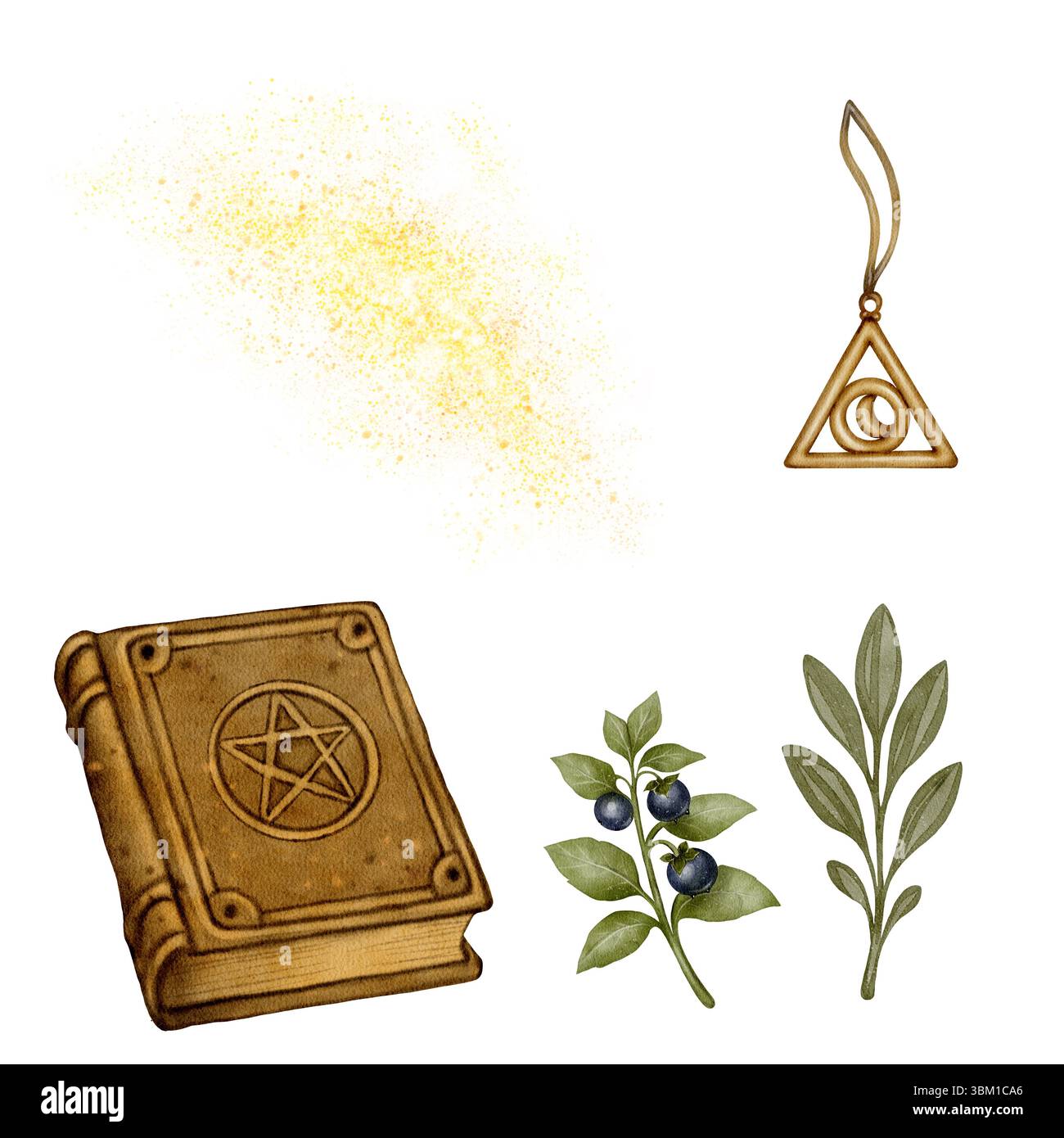 Ensemble de vieux livre magique avec symbole de pentagramme, charme d'oeil de triangle et herbes. Dessin peint à la main. Technique d'aquarelle sur fond blanc. pour couvertures de livres, affiches, dessins fantastiques et ésotériques. Banque D'Images