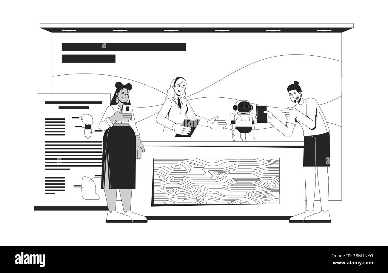 Démonstration de robot sur le stand de la foire scientifique avec divers participants engagés personnages en ligne 2D. Illustration de Vecteur
