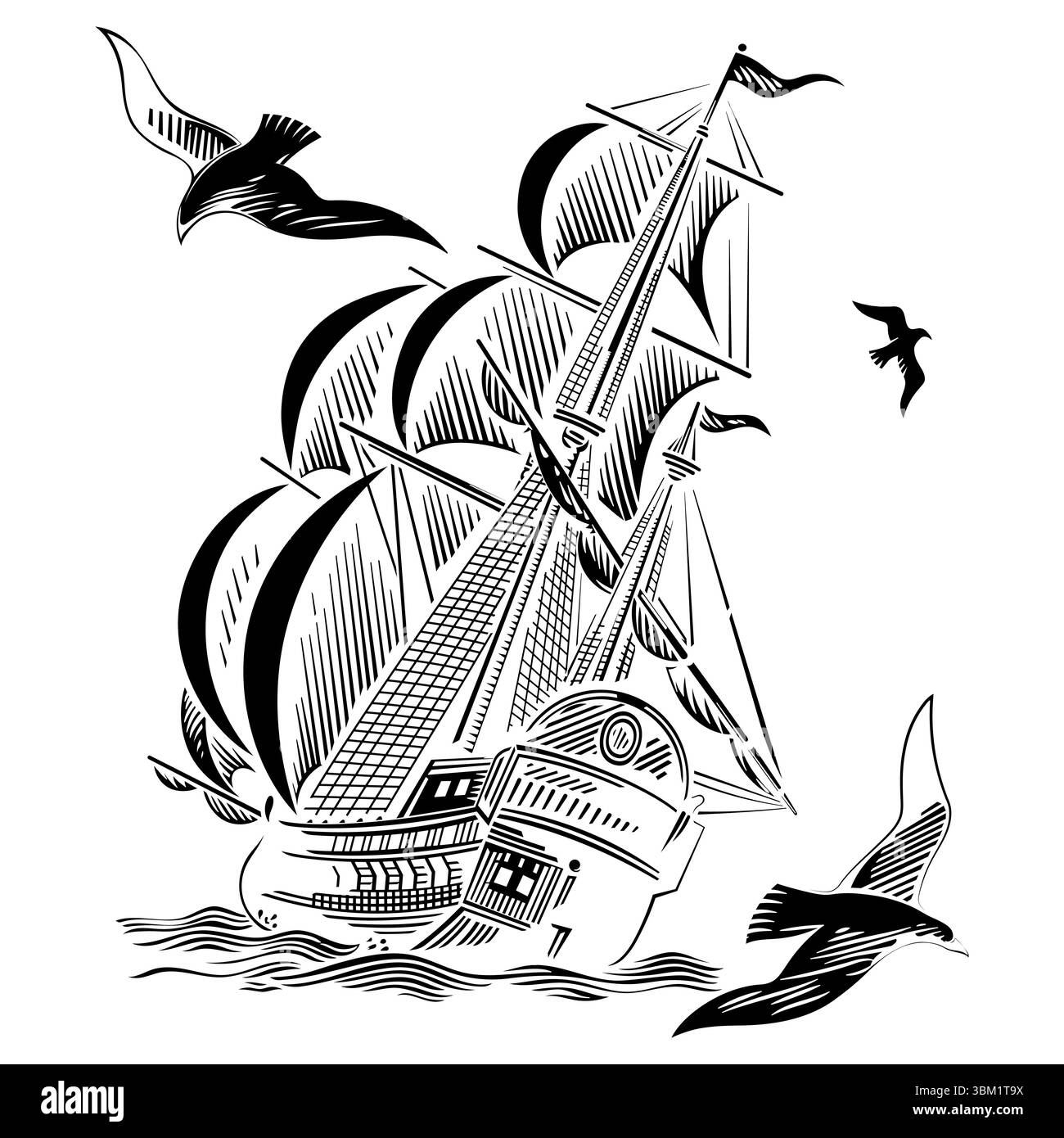 Design inspiré de la marine. Un voilier sur des voiles lâches dans une mer orageuse et des mouettes volantes Illustration de Vecteur