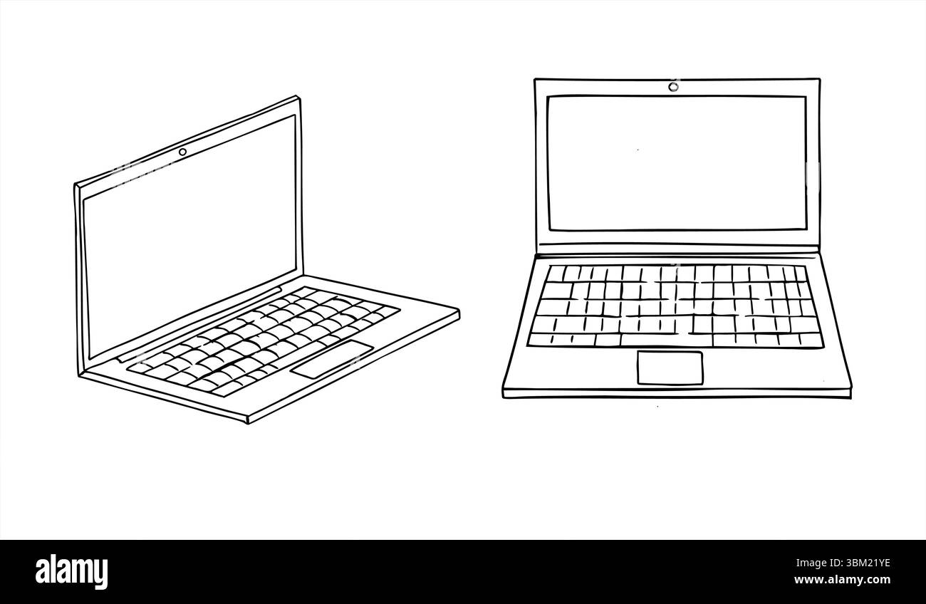 Stylisé deux ordinateurs portables ouverts en vue de face et perspective isométrique monochrome ensemble vectoriel. Dessin au trait simple d'un cahier monochrome pour une présentation technique Illustration de Vecteur