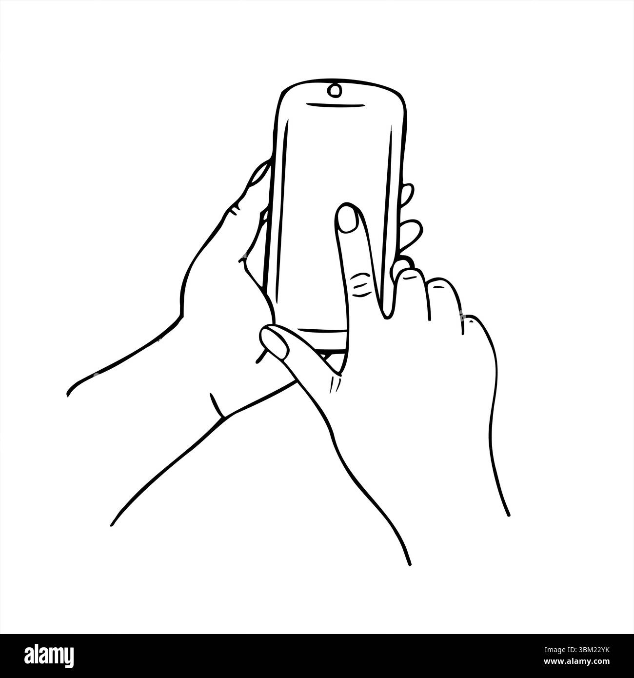 Main tenant le smartphone avec le doigt tapant sur l'illustration d'esquisse vectorielle d'écran. Modèle avec icône de téléphone portable vierge pour la présentation de l'application mobile Illustration de Vecteur