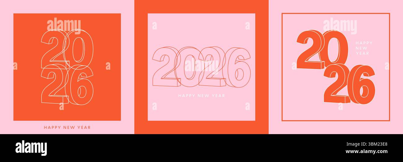 Ensemble de cartes du nouvel an 2026, numéro 3D de ligne mince, affiche colorée Illustration de Vecteur