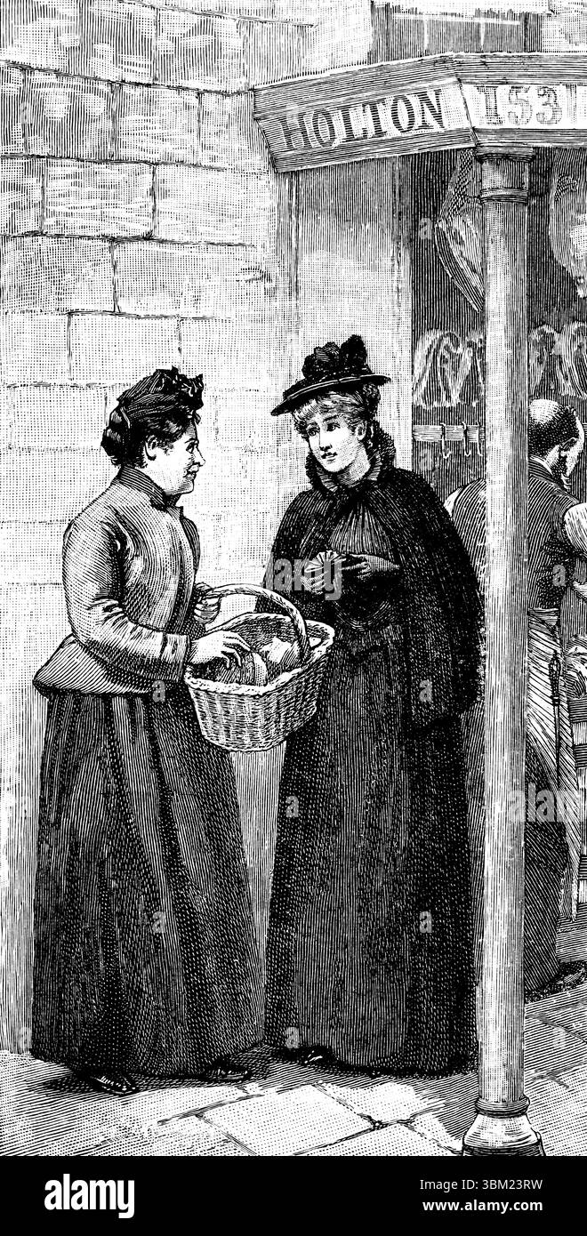 Shopping victorien, femmes shopping parlant dans la rue à l’extérieur, boucherie, illustration au trait gravé par Edward Brewtnall de 1892 le Quiver Maga Banque D'Images