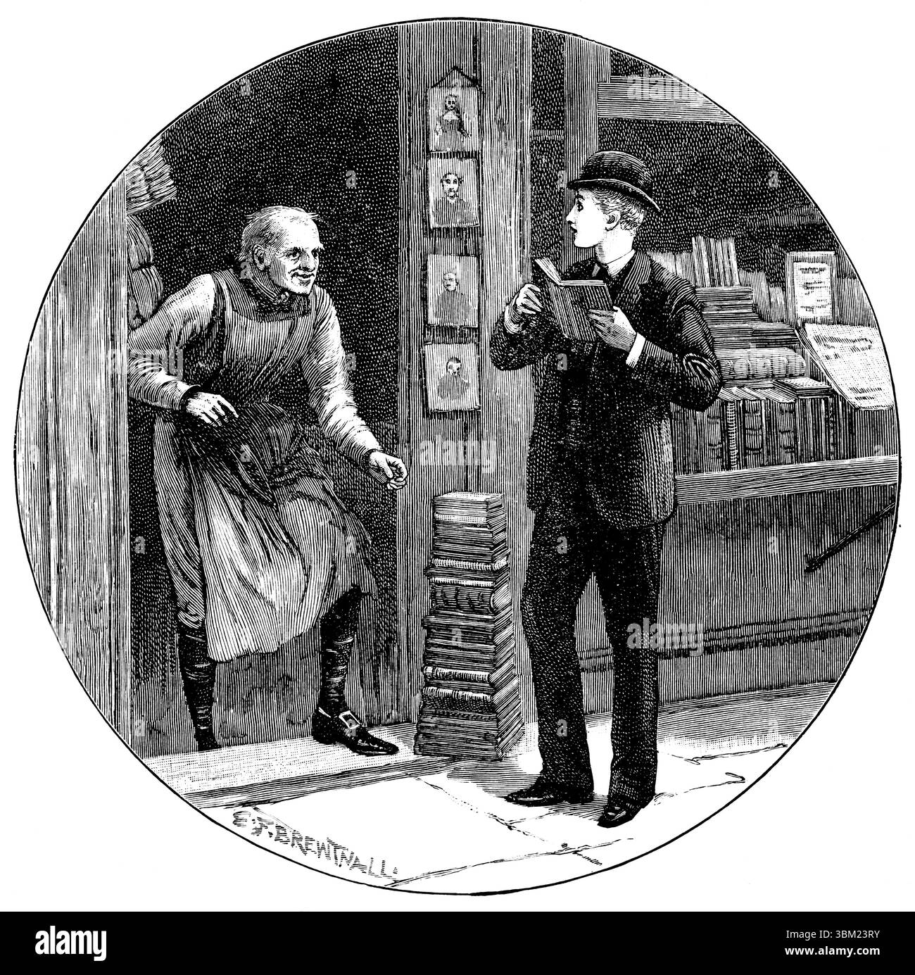 Shopping victorien, jeune homme lisant le livre dans la rue à l'extérieur de la librairie, ligne gravée illustration par Edward Brewtnall, de 1892 The Quiver Magazine Banque D'Images