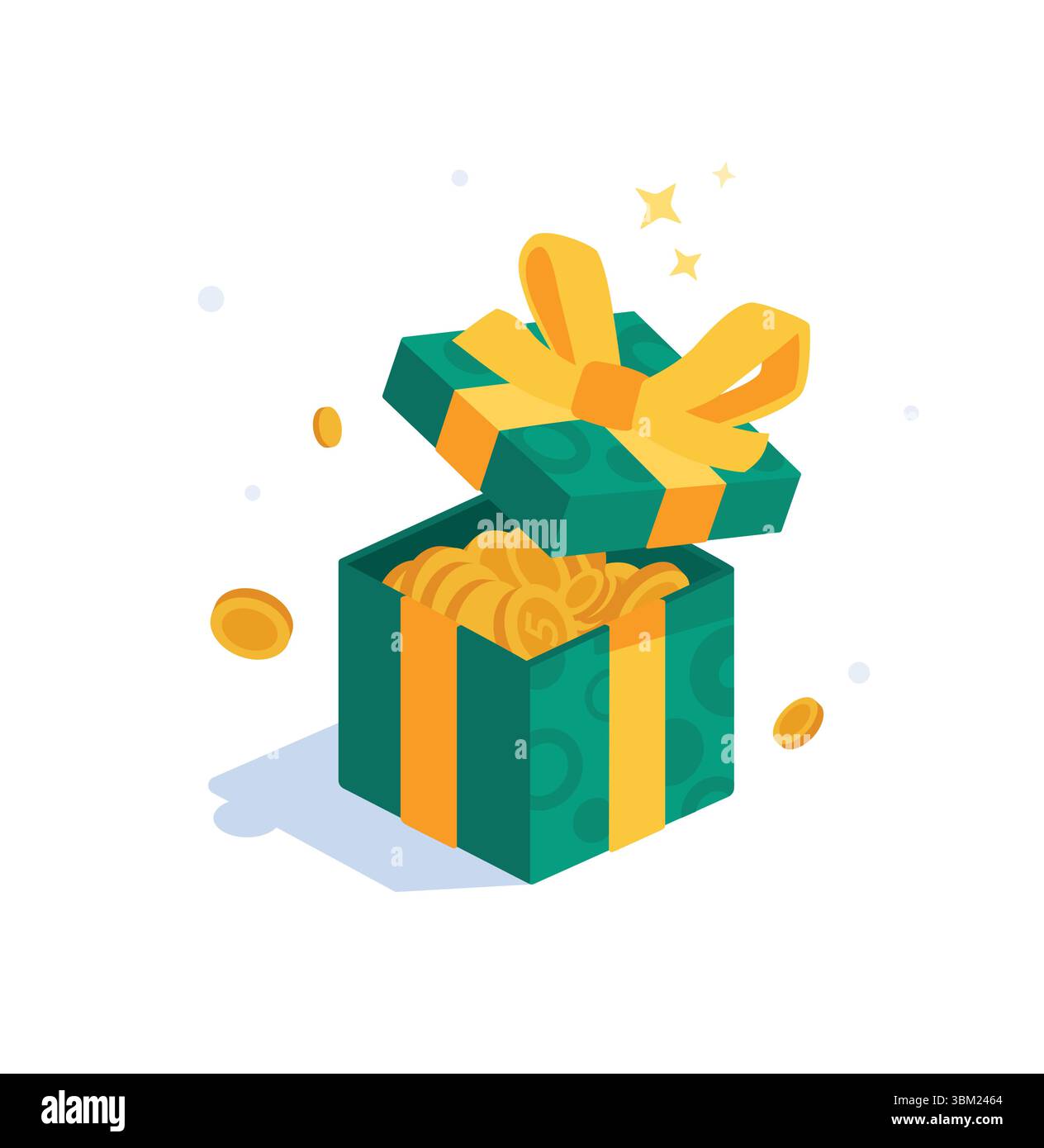 Illustration d'une boîte cadeau verte avec des pièces d'or. Vecteur. Un symbole de richesse et de générosité. Contexte pour les projets de conception. Illustration de Vecteur