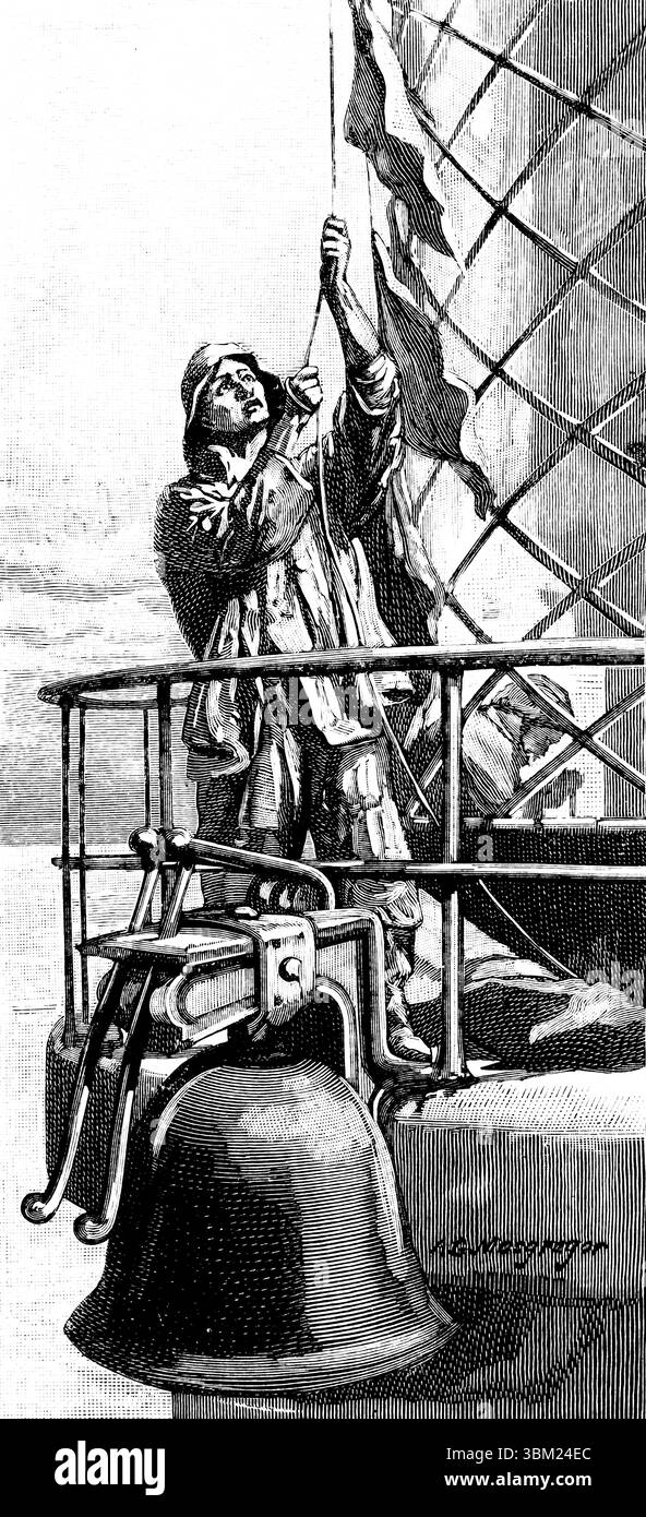 Lighmillieman élevant le drapeau de signal de danger illustration de ligne gravée par Un G MacGregor de 1892 The Quiver Magazine Banque D'Images