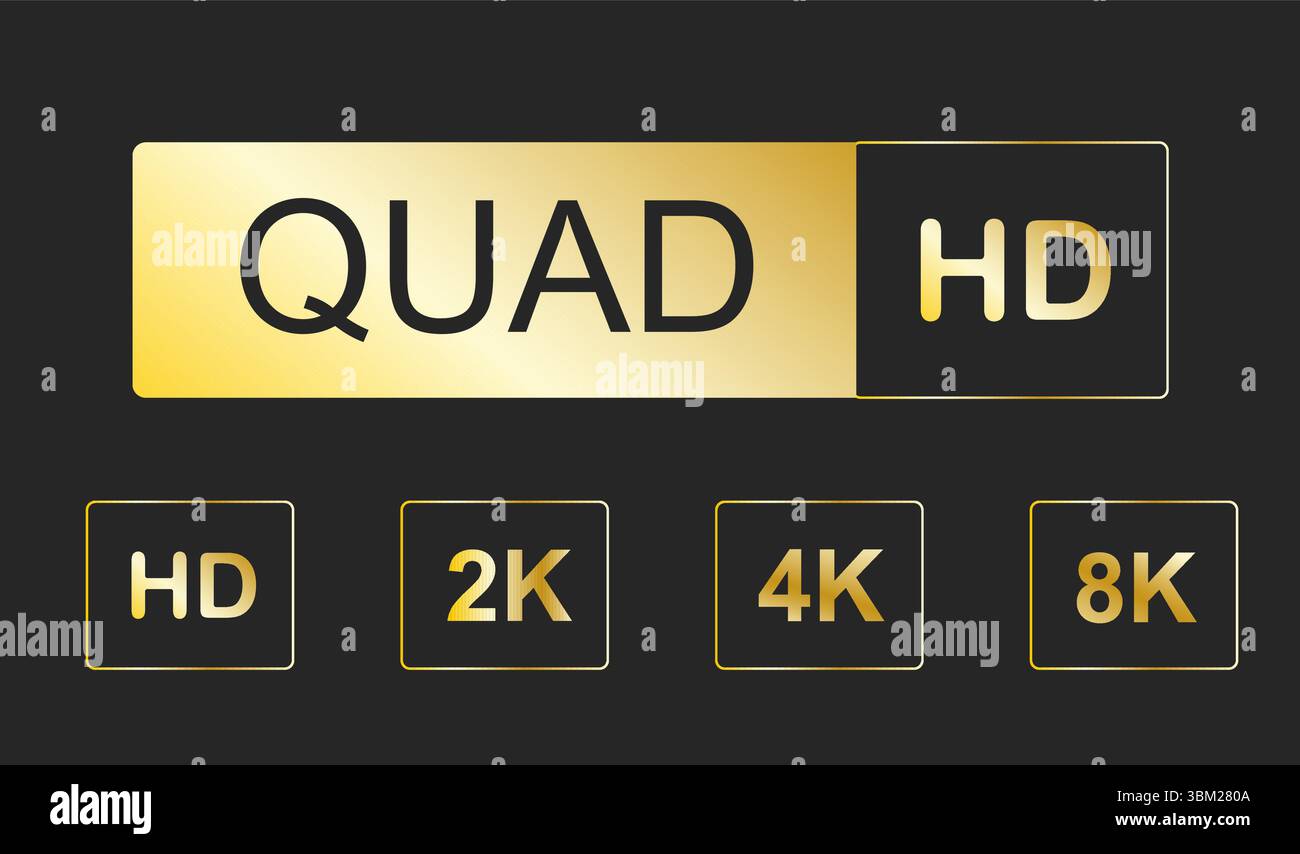 Résolutions vidéo Full ultra Quad HD, icône de badge de qualité vidéo. Résolution vidéo définie. Illustration vectorielle Illustration de Vecteur